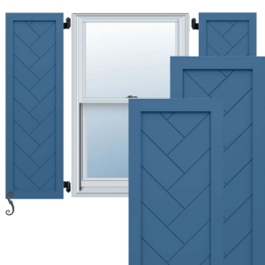 Stylish blue shutters with a herringbone pattern frame a modern window, showcasing a vibrant color contrast and sleek design ideal for home exteriors.